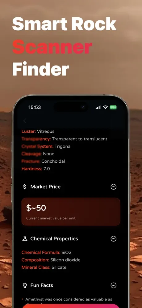 Smart Rock Scanner interface showing mineral properties including transparency, crystal system, hardness, market price, and chemical data