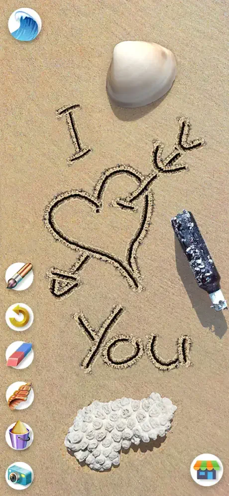 Sand Draw beach art game showing 'I love you' text drawn in sand with seashell and colorful drawing tools menu on left