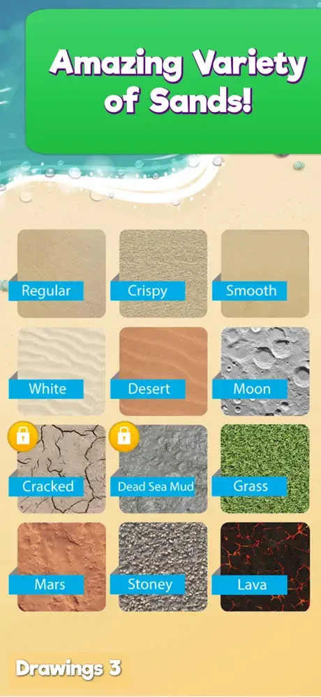 Sand Draw sand texture selection menu showing 12 different sand types including Regular, Desert, Moon, Cracked and Lava