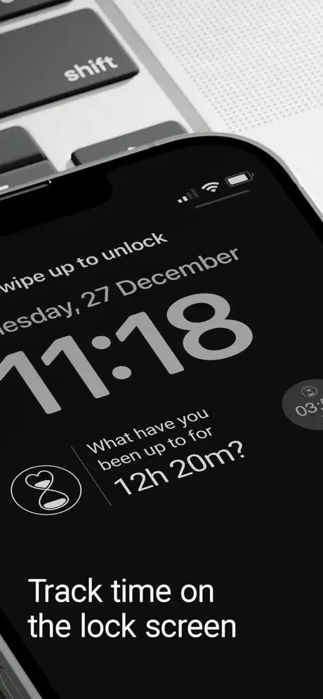 SaveMyTime lock screen widget showing current time and prompting quick activity entry after 12 hours 20 minutes