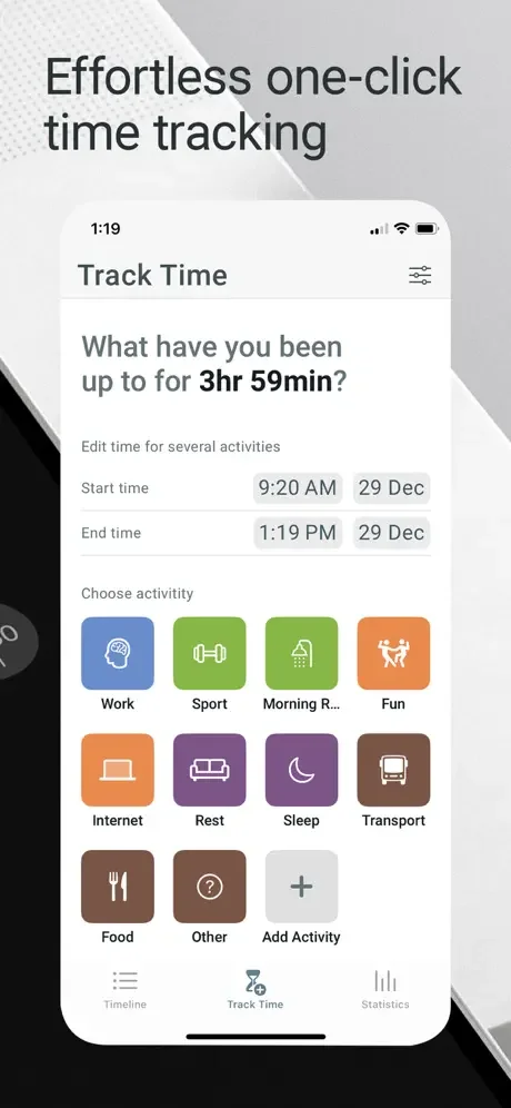 SaveMyTime one-click time tracking interface showing 3 hours 59 minutes logged with 10 activity categories