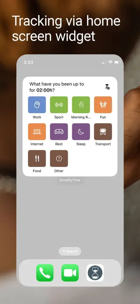 SaveMyTime home screen widget showing quick activity tracking interface with 2 hours elapsed and 10 activity options