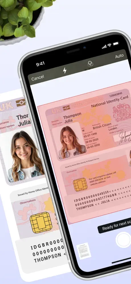 Scanning document with Photo to PDF Scanner app showing camera interface, auto flash, and real-time document capture