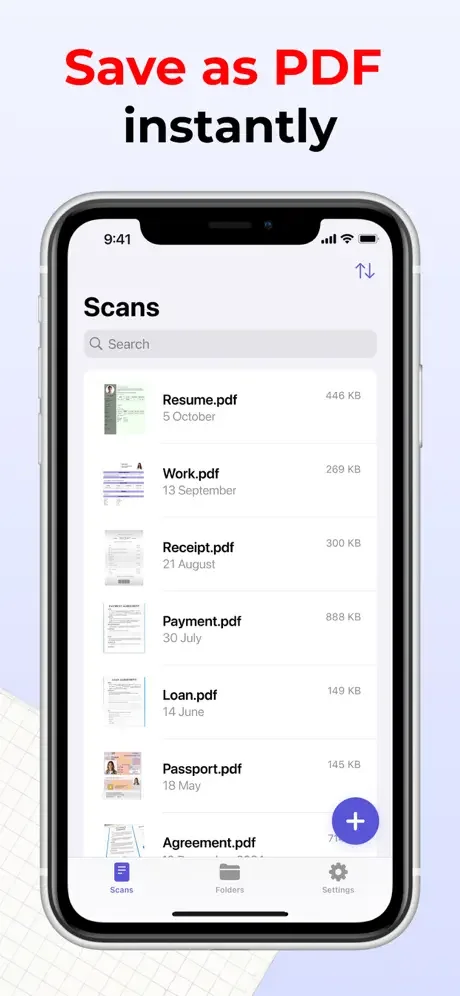 PDF scans library in Photo to PDF Scanner showing file list, sizes, dates, search bar, and add new scan button
