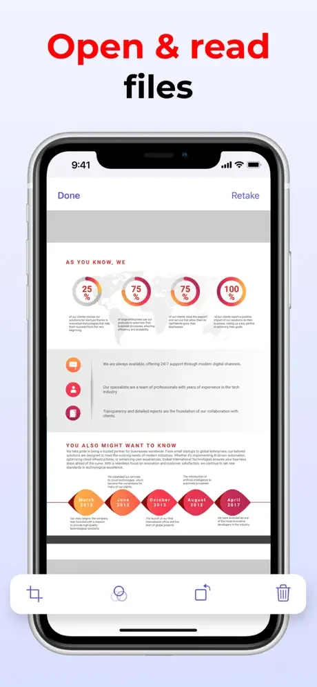 Reading PDF document in Photo to PDF Scanner with editing tools, page controls, and document viewing toolbar