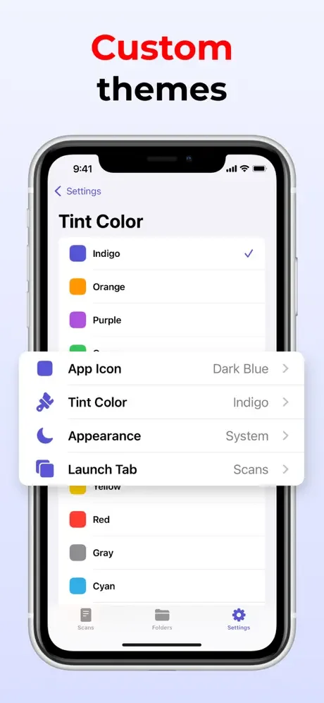 Customizable themes in Photo to PDF Scanner settings with color options and app appearance preference selections