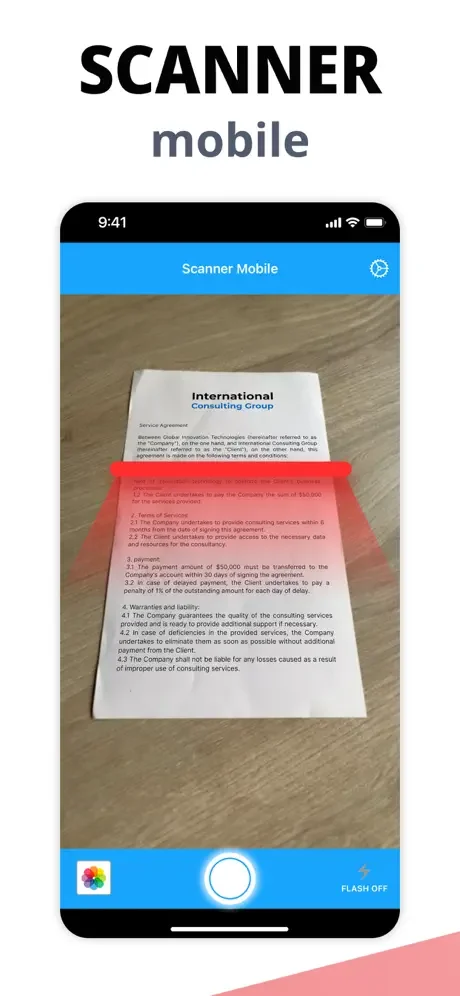 Scanner Mobile app capturing document in real-time through camera viewfinder with blue toolbar and flash controls for instant document scanning