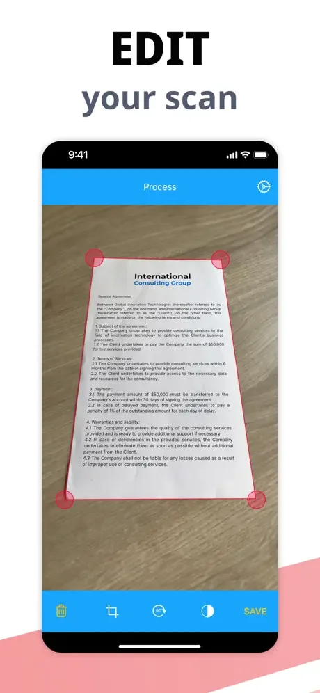 Edit screen showing scanned document with red corner handles for perspective correction and boundary adjustment before saving