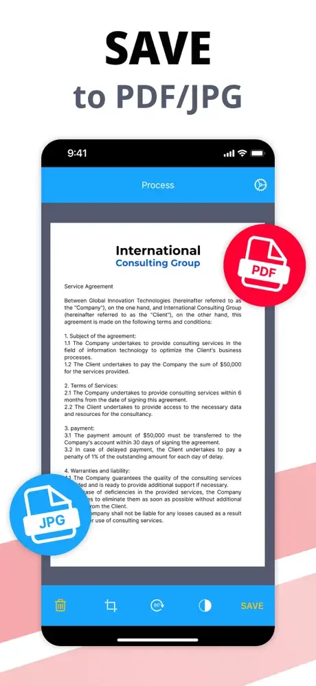 Export format selection displaying PDF and JPG file type badges for saving scanned documents in preferred format