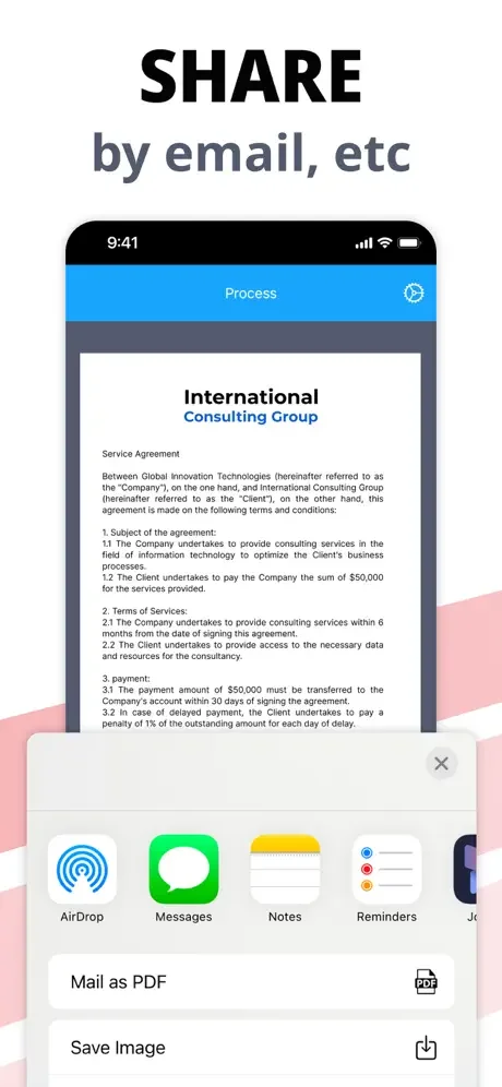Share menu showing distribution options including AirDrop, Messages, Notes, email as PDF, and image saving capabilities