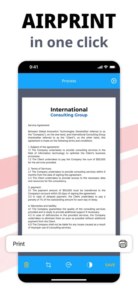 Print interface demonstrating wireless AirPrint functionality for direct document printing from Scanner Mobile app
