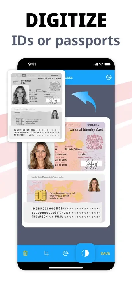 ID and passport digitization example displaying multiple identity card scans and international passport document captures