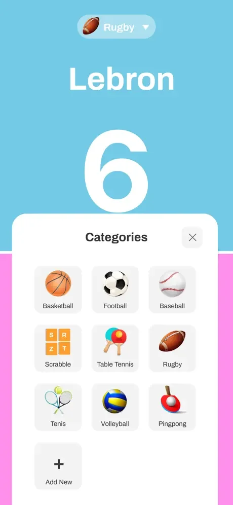 Sports scoreboard category selector displaying basketball, football, baseball, rugby, tennis, volleyball, and pingpong options