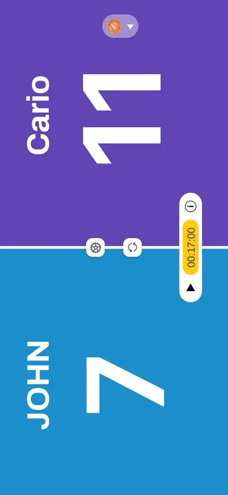 Live sports scoreboard showing Carlo vs John with down score counters and game timer for match tracking