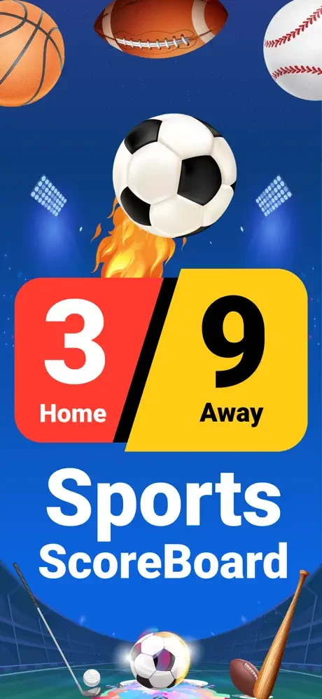 Sports ScoreBoard app splash screen showing Home team 3 vs Away team 9 with animated sports balls and stadium background