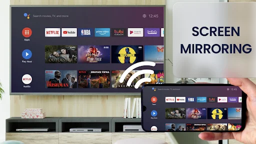 Screen mirroring: TV and smartphone displaying streaming apps Netflix, YouTube, and Hulu