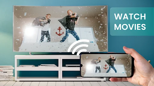 Screen cast family movie from smartphone to TV using WiFi connection for watching together