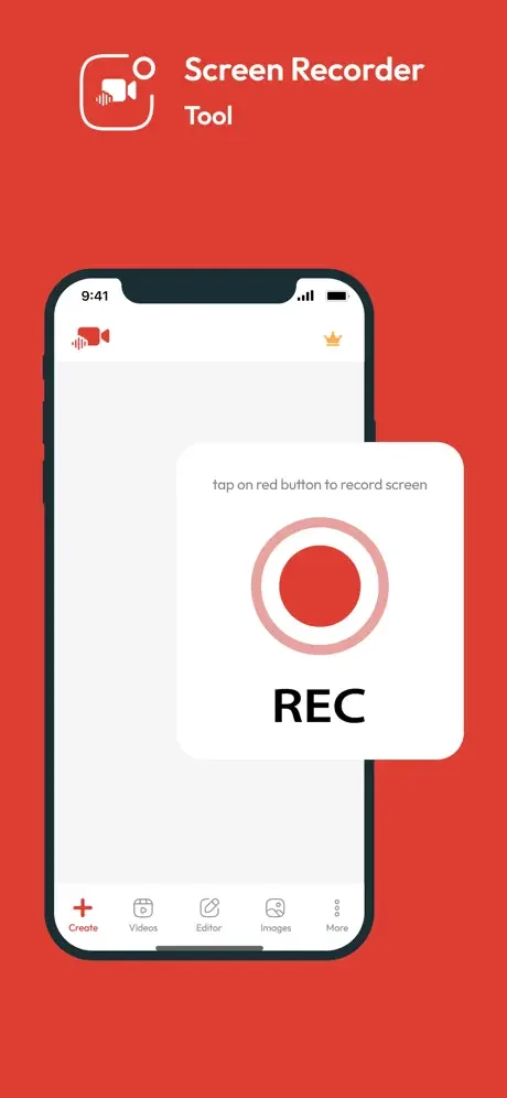 Screen Recorder Tool iPhone app with red REC button to tap and start recording screen