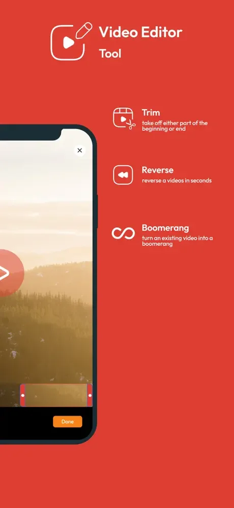 Video Editor Tool for trimming, reversing, and creating boomerang effects on recordings