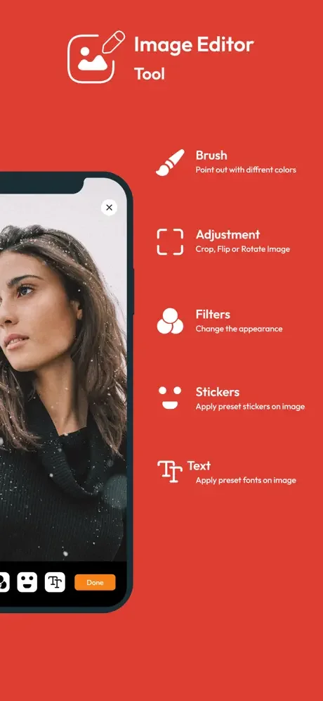 Image Editor Tool with brush, filters, stickers, text, and adjustment features for photos