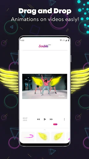 Scribbl app drag and drop animation feature with video of dancers and yellow wing effects, playback controls and animation element tools