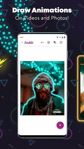 Scribbl app animation editor for photos showing person with cyan glow and neon effects, demonstrating animation capabilities for images