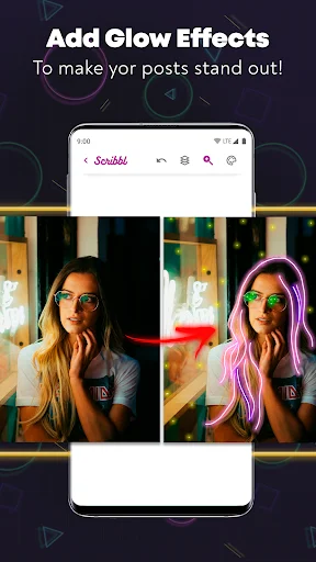 Scribbl app glow effect tool comparing before and after results with purple neon outline enhancement on photo for social media posts