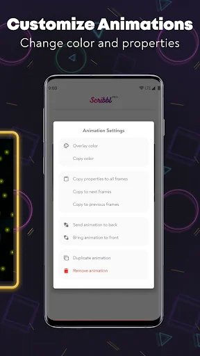 Scribbl customization menu showing animation settings options to modify color, copy properties, reorder layers, and manage animations