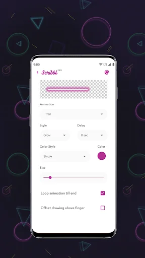Scribbl app drawing customization panel with animation, trail, style, delay settings and color picker for personalizing animation effects