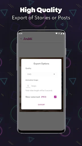 Scribbl app export options showing quality selection, frame count, duration timer, watermark toggle, and export button for saving videos