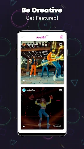 Scribbl app community showcase displaying featured user creations with animated dancing videos and colorful light effect overlays