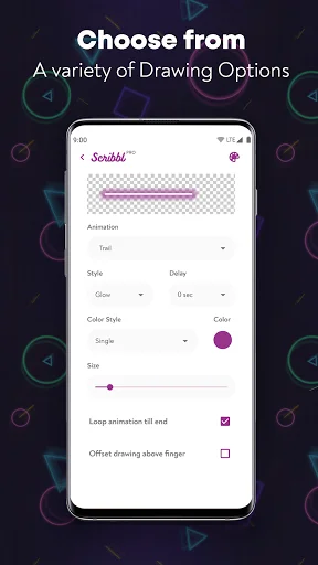 Scribbl app drawing options interface displaying animation, trail, style, delay, color selection, loop settings, and offset drawing configuration