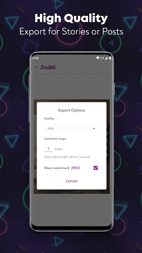 Scribbl app export dialog with quality, animation frames, duration, and watermark options for exporting stories and posts at high quality