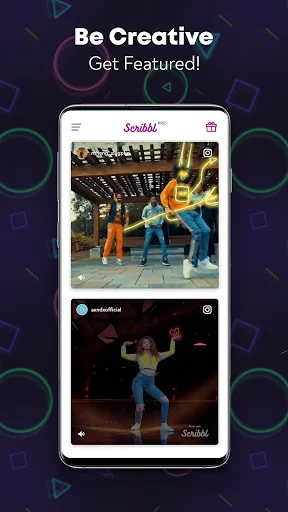 Scribbl app community feed showing featured user-created videos with dancing figures and colorful animated light and glow effects