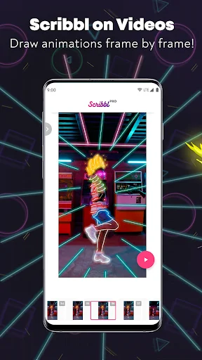 Scribbl app video editor displaying neon animated character with vibrant effects and frame-by-frame animation timeline for creating moving content