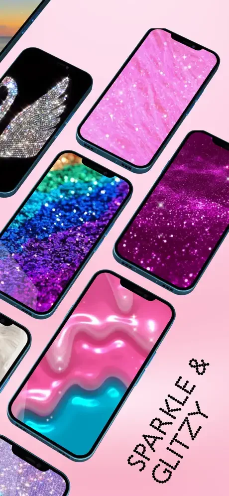 Collection of phones showing colorful sparkle and glitter live wallpapers with rainbow, pink, and purple effects