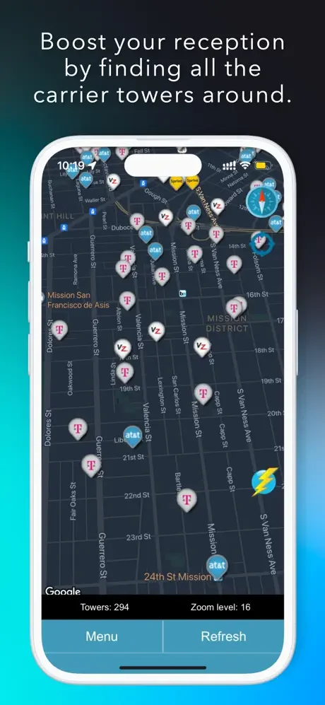 Cell tower map locator displaying 294 nearby carrier towers in San Francisco with T-Mobile and AT&T markers, zoom controls, and menu options to boost mobile reception