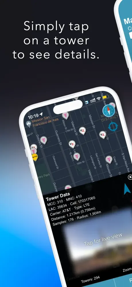 Tower detail popup showing network information after tapping a tower, including carrier, MCC, cell ID, distance, and live view option