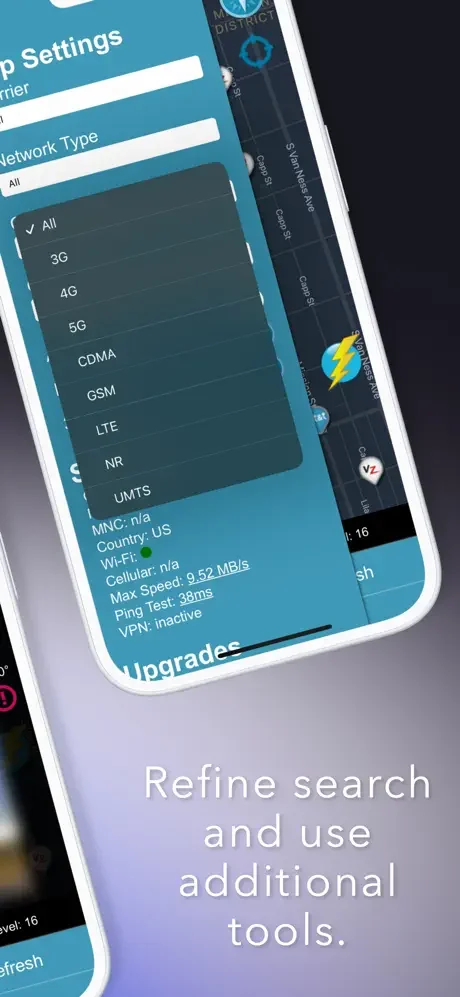 Settings panel with network type filters including All, 3G, 4G, 5G, CDMA, GSM, LTE, NR, and UMTS options to refine tower search results