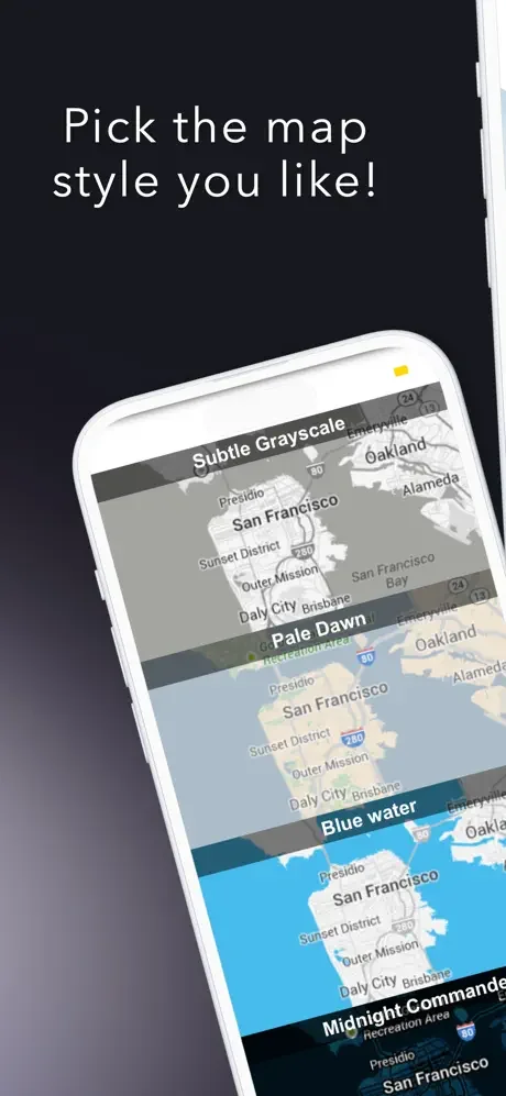 Map style selection menu featuring theme options: Subtle Grayscale, Pale Dawn, Blue Water, and Midnight Commander for customizing the tower locator display