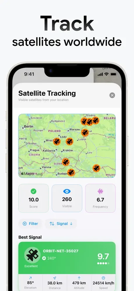 Satellite tracking interface showing worldwide satellite positions with signal quality score and orbital information