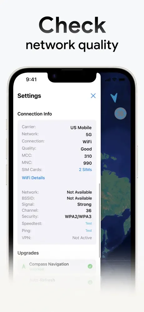 Network quality settings displaying carrier, 5G connection, signal strength, WiFi details, and mobile statistics