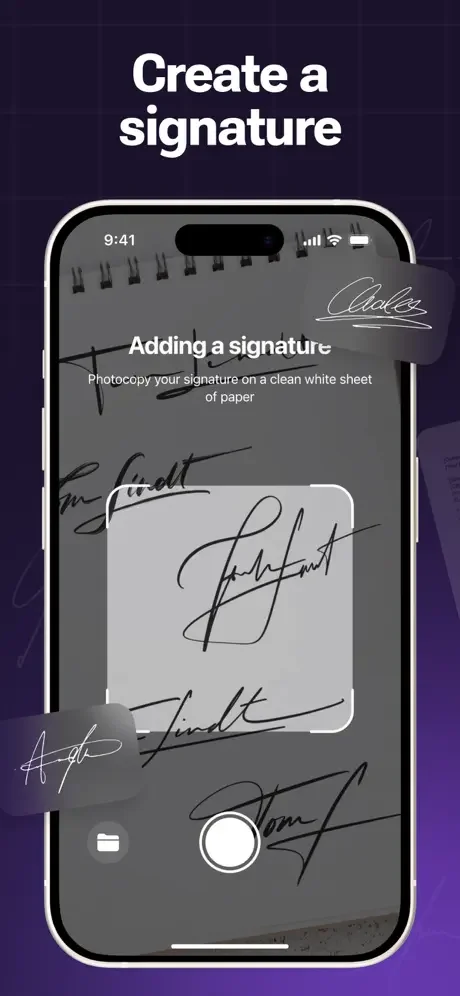 Signature app camera capture interface for adding handwritten signatures by photographing documents on paper