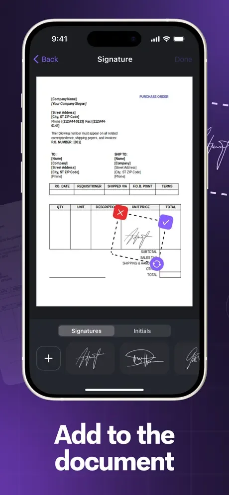 Signature app document editor showing purchase order with options to apply digital signatures and initials to document fields