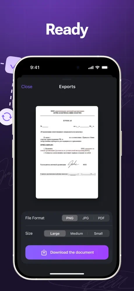 Signature app export screen with options to download signed documents in PNG, JPG, and PDF formats with size choices