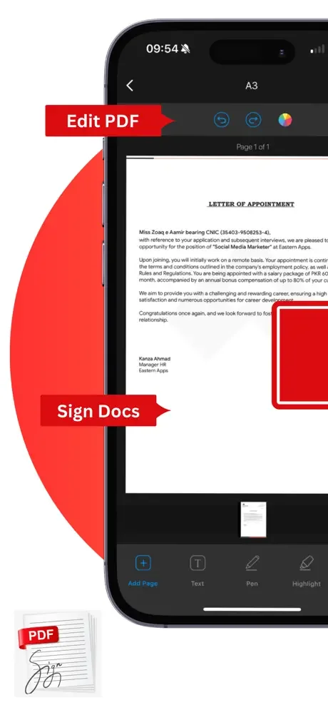 PDF editor interface displaying letter document with Edit PDF and Sign Docs features, plus text markup, pen, and highlight editing tools
