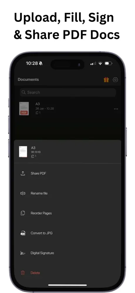 PDF document manager showing uploaded files with options to share, rename, reorder pages, convert to JPG, and add digital signatures