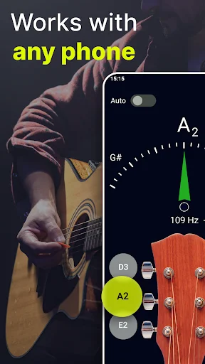 Guitar Tuner app interface with frequency meter displaying 109 Hz, needle gauge indicator, and string selector buttons