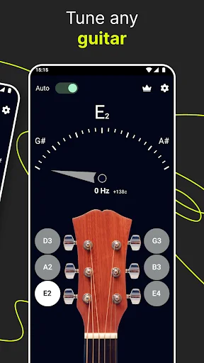 Guitar Tuner main tuning screen with E2 note, 0 Hz frequency display, string selector buttons, and auto mode enabled