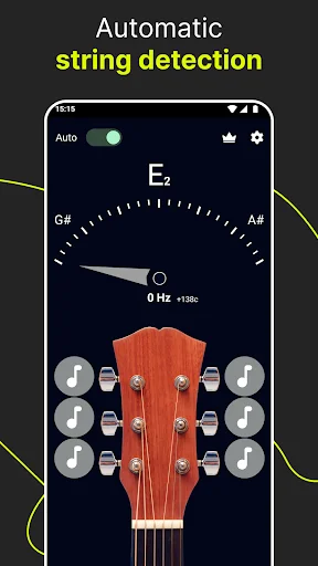 Guitar tuner automatic string detection feature with musical note icons and real-time frequency meter display